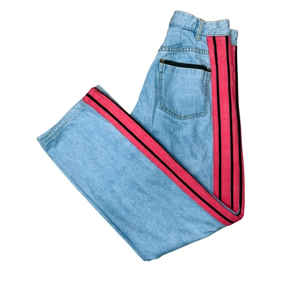 Koche Women Light Wash Designer Paris Jeans Pink Stripe Black Satin $465 MSRP 26